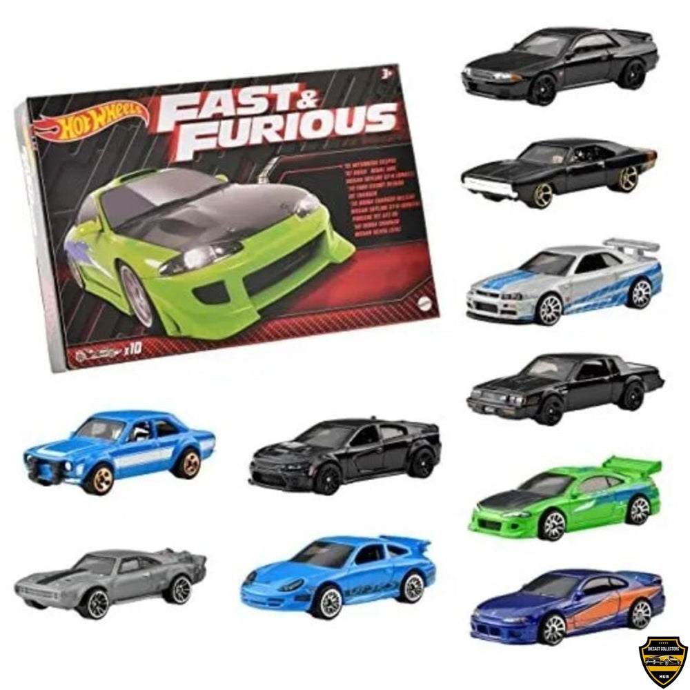 HOT WHEELS FAST & Furious Themed 10 Pack Skyline GTR Eclipse Silvia BNR34 BNR32