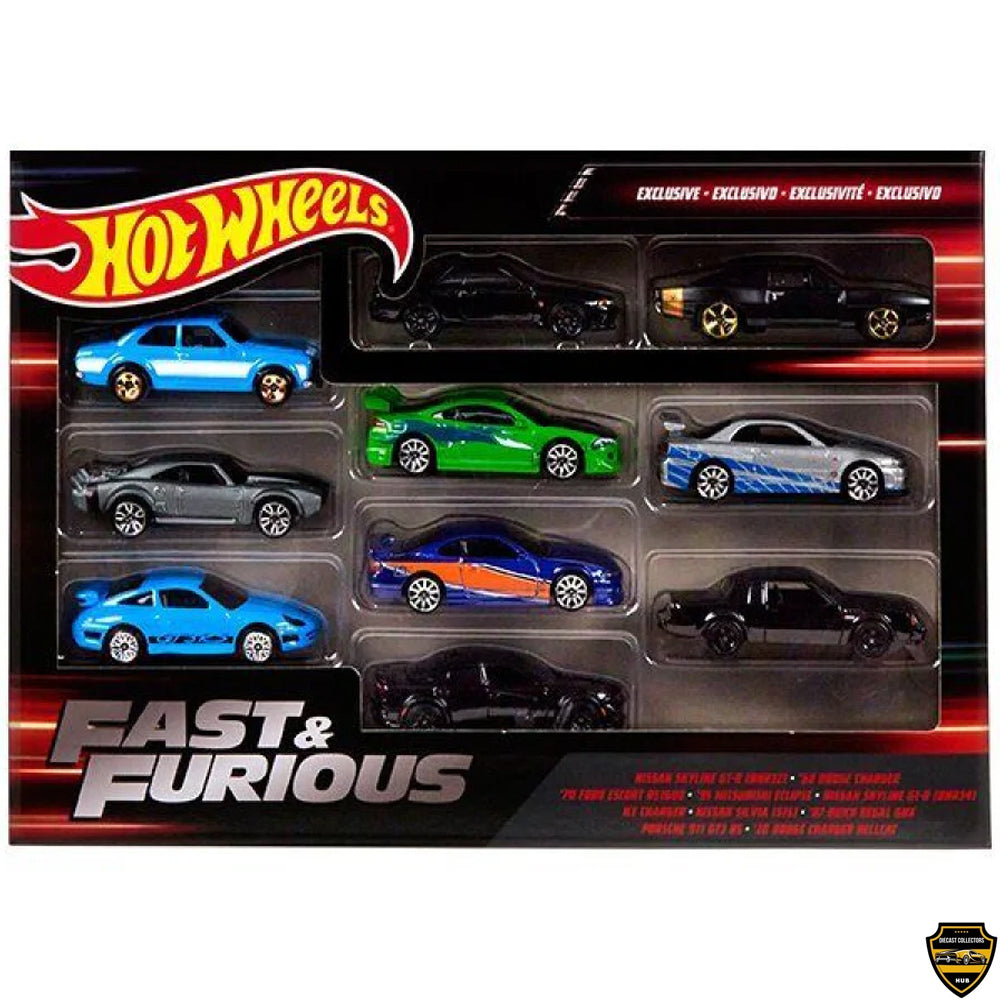 HOT WHEELS FAST & Furious Themed 10 Pack Skyline GTR Eclipse Silvia BNR34 BNR32