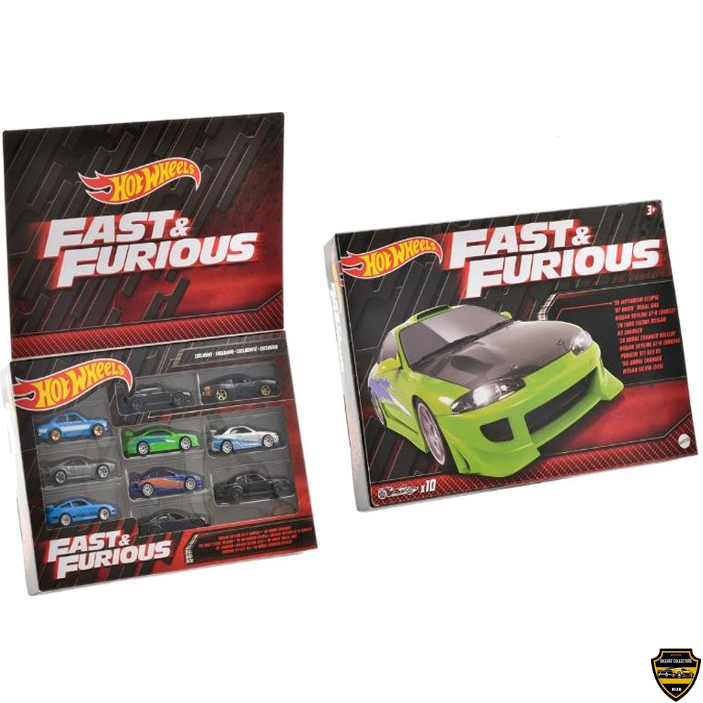 HOT WHEELS FAST & Furious Themed 10 Pack Skyline GTR Eclipse Silvia BNR34 BNR32