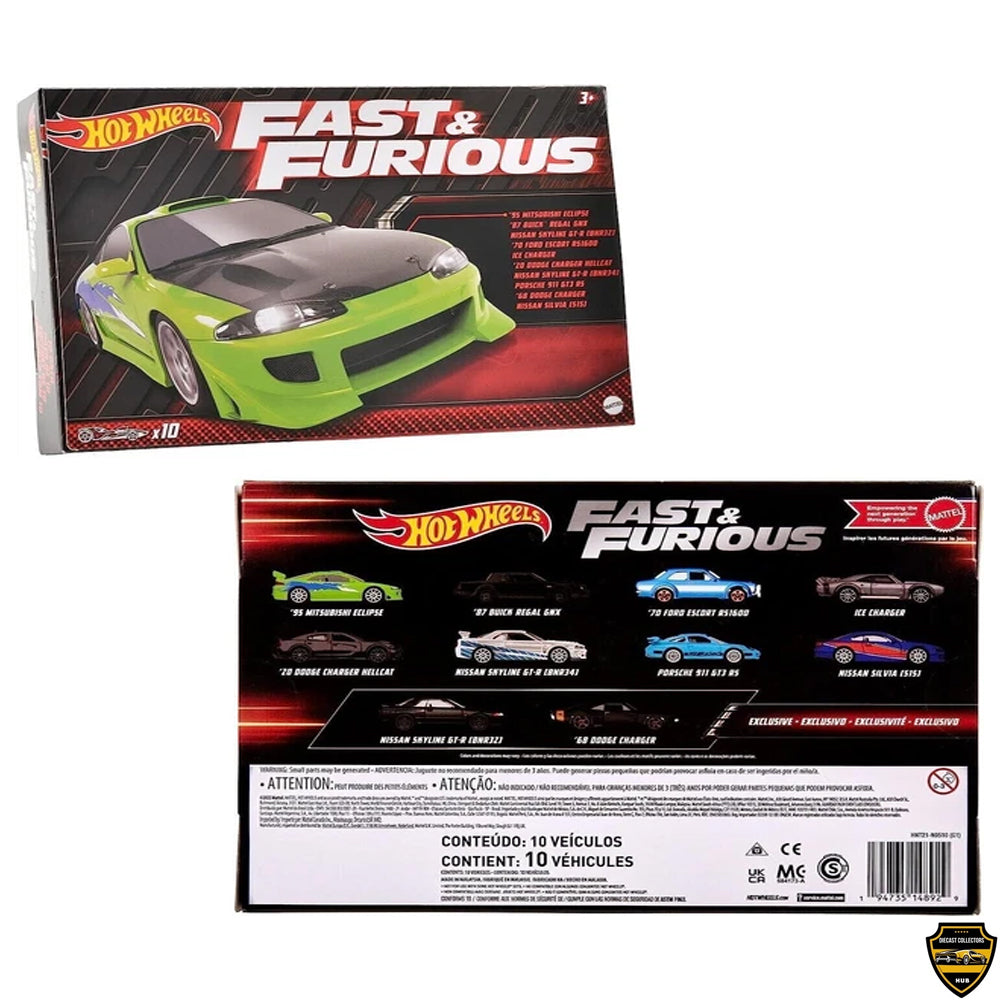 HOT WHEELS FAST & Furious Themed 10 Pack Skyline GTR Eclipse Silvia BNR34 BNR32